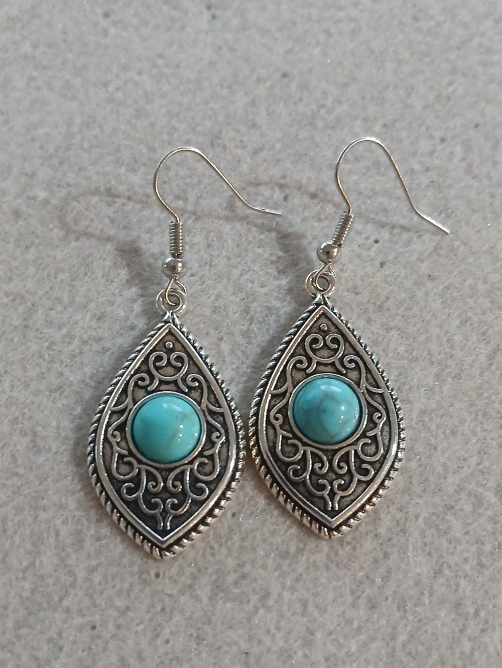 236- Turquoise style Stone Silver-Tone Filigree Drop Earrings